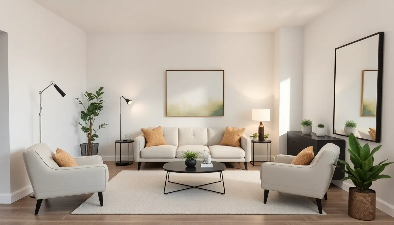 modern small living room with stylish furniture and soft lighting.