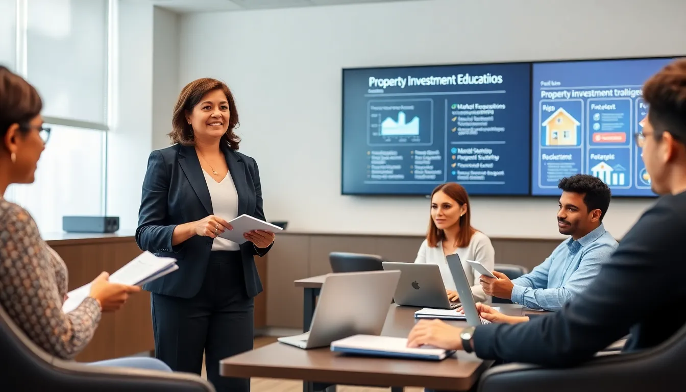 diverse group learning about property investment in a modern classroom.