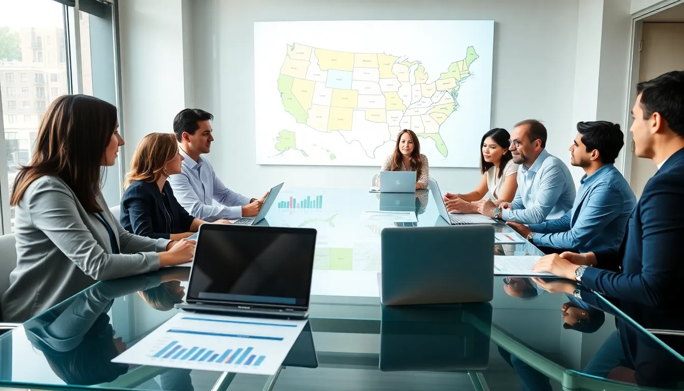 professionals discussing rental market trends in a modern office.