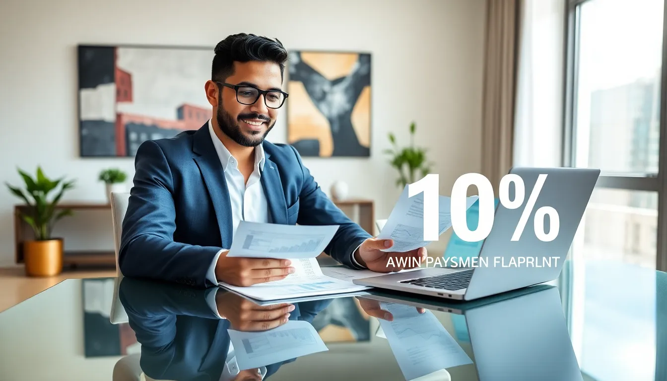 real estate investor reviewing investment property loan options in a modern office.