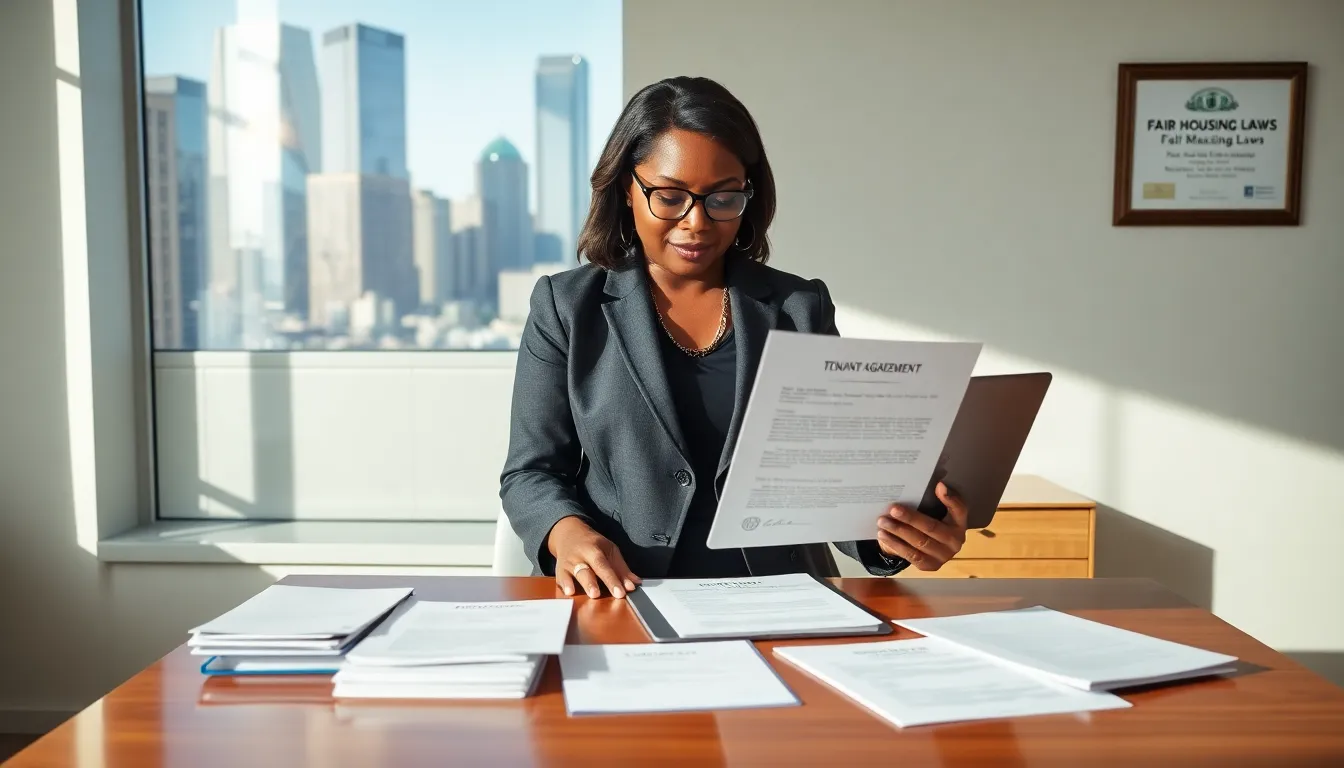 professional landlord reviewing tenant agreements in a modern office.