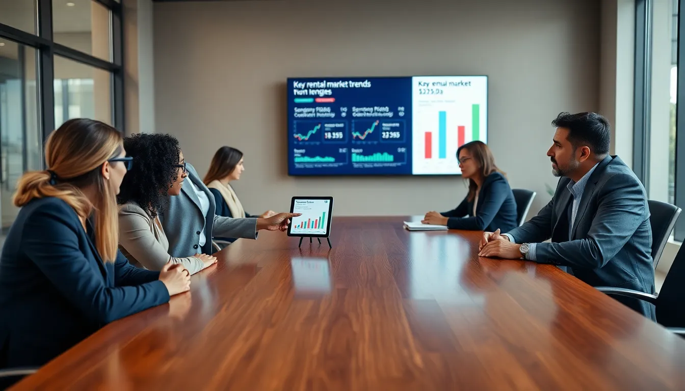 diverse team discussing rental market trends in a modern office.