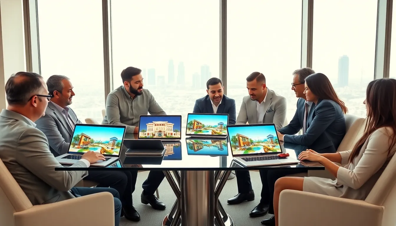 diverse group discussing Dubai property investment in a modern office.