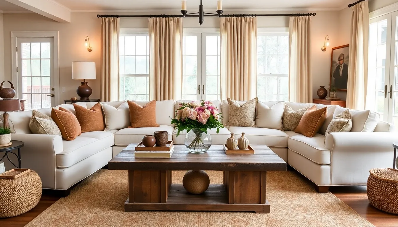 Cozy Pottery Barn living room with plush furniture and natural decor.