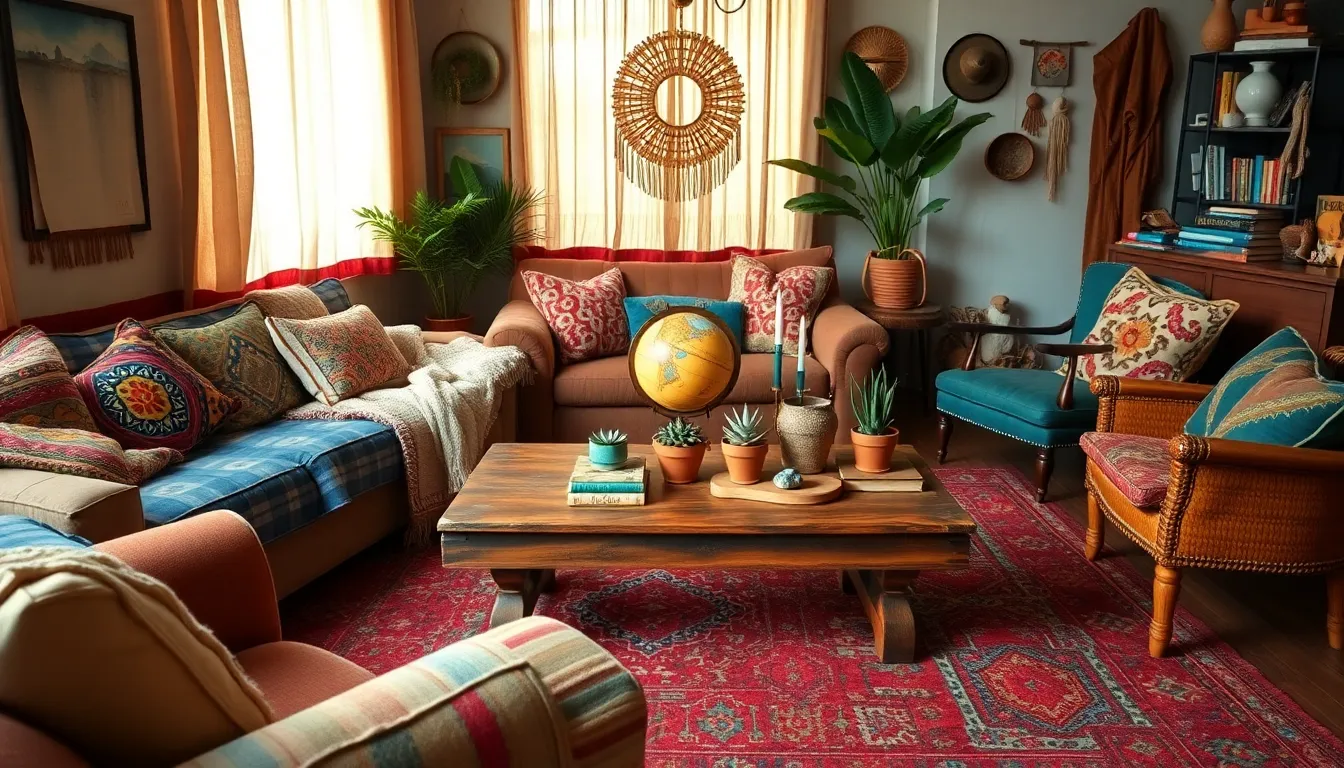 eclectic boho living room with colorful textiles and vintage decor.